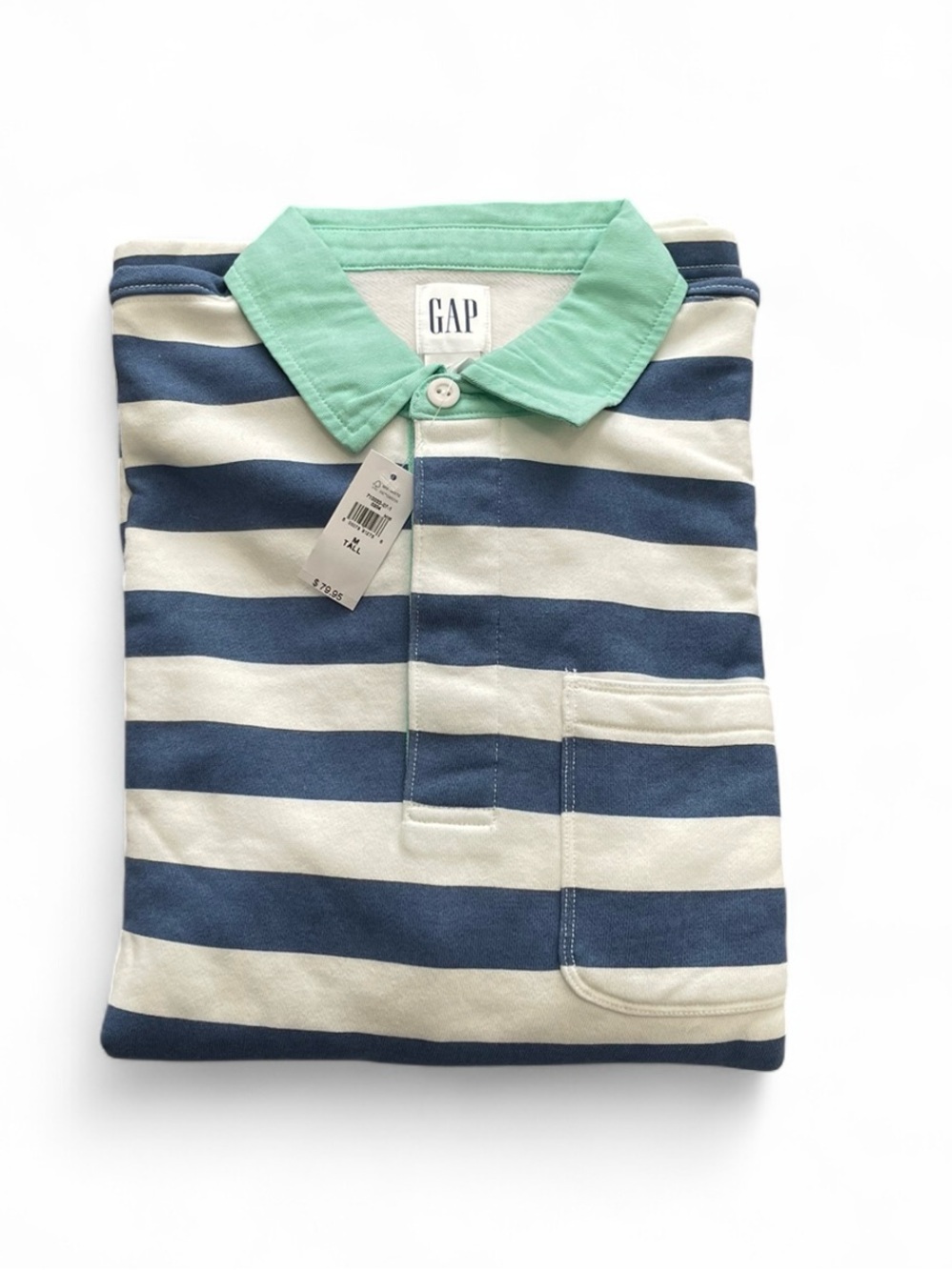 GAP Men’s Striped Rugby Polo Shirt in Blue & White with Mint Collar